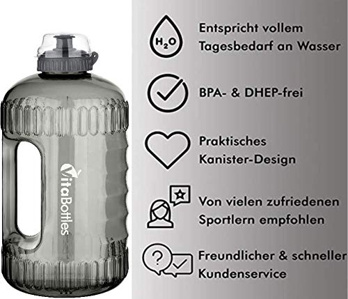VitaBottles Gimnasio Fitness Botella para Beber 2.2 litros XXXL Libre de BPA Libre de DHEP Negro Deportes Botella para Beber Contenedor de Agua Galón de Agua