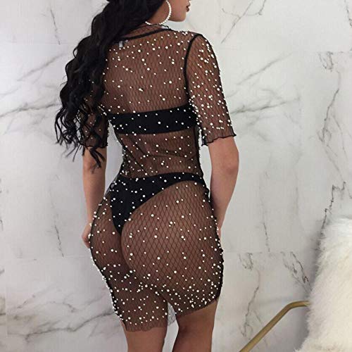 VJGOAL Mujeres Moda Casual de Verano Perspectiva Sexy Lentejuelas Cristal Vestido de Malla Bikini Cuello Redondo Cubrir Traje de baño Mini Vestido(x-Large,Negro)