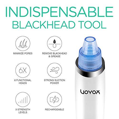 VOYOR 6-In-1 Limpiador de Poros BR410 Limpiador Puntos Negros y Espinillas Electrónico 6 Cabezales 3 Velocidades Potente Extractor Succionador de Poros Saca Quita Limpia Blackhead Poros Natriz