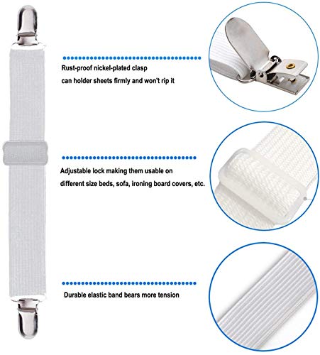 WADEO Correas Ajustables Sujetadores para Sábanas Elásticos Correas Clips para Sábana Cama Bajera Fundas de Colchón Sofá, Color Blanco