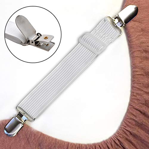 WADEO Correas Ajustables Sujetadores para Sábanas Elásticos Correas Clips para Sábana Cama Bajera Fundas de Colchón Sofá, Color Blanco