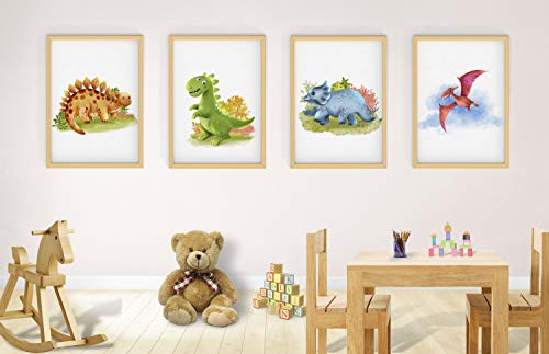 WIETRE® Juego de 4 imágenes de dinosaurio para habitación de los niños y bebés, decoración para niños y niñas, póster DIN A4 Dinos T-Rex de animales, decoración – sin marco