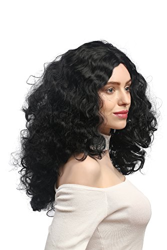 WIG ME UP- 3072-P103 Peluca señoras Carnaval, Super rizos voluminosos, Raya Medio, Negras 55 cm