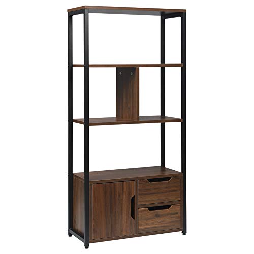 WOLTU Eestantería Independiente de Pie para Libros Estante Alto Estante Industrial con Armario y Cajones Estante de Escalera de Flores de MDF y Metal 58x24x120cm Haya Oscuro RGB09dc