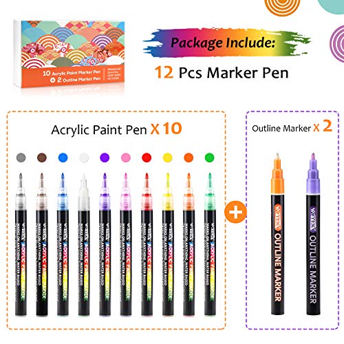 WOTEK Rotuladores de Pintura Acrílica, 10+2 Colores 0.7mm Marcadores Permanentes Impermeables, profesionales Acrilicos para niños,Tela,Pintar Piedras,Metal, Madera, Vidrio,Huevo de Pascua,DIY