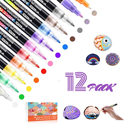 WOTEK Rotuladores de Pintura Acrílica, 10+2 Colores 0.7mm Marcadores Permanentes Impermeables, profesionales Acrilicos para niños,Tela,Pintar Piedras,Metal, Madera, Vidrio,Huevo de Pascua,DIY