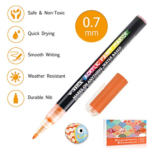 WOTEK Rotuladores de Pintura Acrílica, 10+2 Colores 0.7mm Marcadores Permanentes Impermeables, profesionales Acrilicos para niños,Tela,Pintar Piedras,Metal, Madera, Vidrio,Huevo de Pascua,DIY
