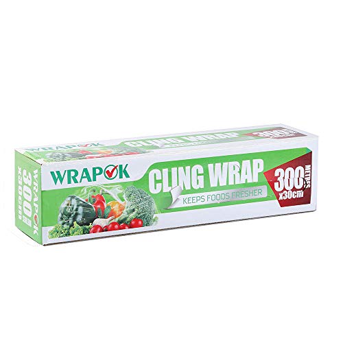 WRAPOK Cling Film Catering Cocina Plástico Sellado de alimentos Envoltura con dispensador, Servicio de comidas Herramientas de cocina para cocina, 300 mm x 300 m