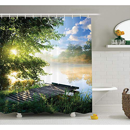 WZYMNYL Decoración de la casa Cortina de Ducha Muelle de Pesca Junto al río en la mañana Luz con Nubes y árboles Naturaleza Imagen Decoración Tela Baño,91Wx183H CM