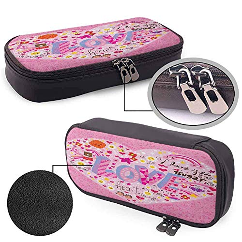 XCNGG Estuche para lápices Doodle, I Love You Sugar Giant Heart con letras grandes Love Valentines Smiles Flowers para estudiantes y artistas Rosa Multicolor