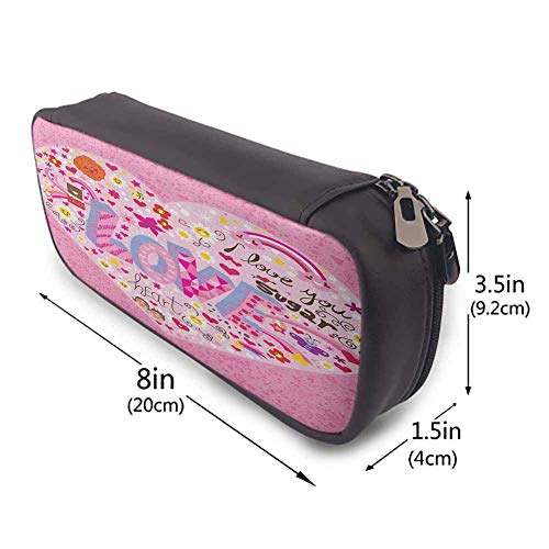 XCNGG Estuche para lápices Doodle, I Love You Sugar Giant Heart con letras grandes Love Valentines Smiles Flowers para estudiantes y artistas Rosa Multicolor