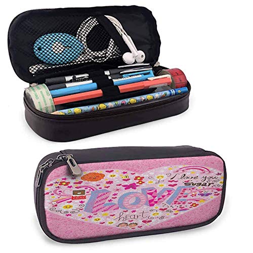 XCNGG Estuche para lápices Doodle, I Love You Sugar Giant Heart con letras grandes Love Valentines Smiles Flowers para estudiantes y artistas Rosa Multicolor