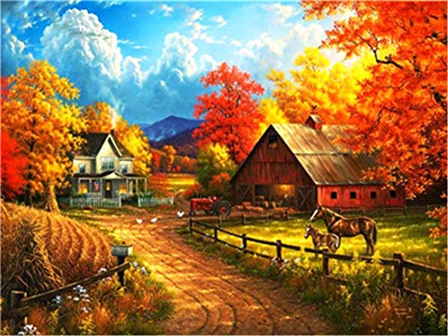 XDXART DIY Pintura al óleo Pintura guiada por número Kit para niños Adultos Principiantes 16 x 20 Pulgadas – Paisaje otoñal, Dibujar con Pincel Navidad decoración decoración Regalos