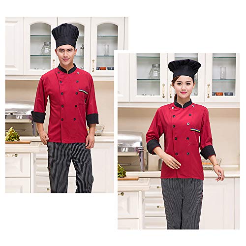 XFentech Chef Trabaja Uniformes - Chaqueta de Chef de Manga Larga Cocina Trabajo Uniforme Unisex, Rojo, EU L = Tag XL