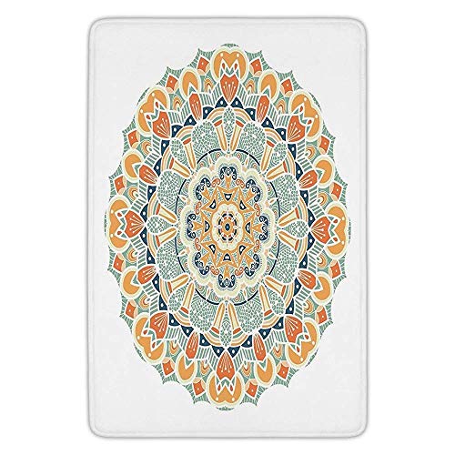 XIAOYI Bathroom Bath Rug Kitchen Floor Mat Carpet,Mandala,Ethnic Indian Traditional Pattern Cosmos Symbol Geometric Ornamental Motif,Orange Mint Apricot,Flannel Microfiber Non-Slip Soft Absorbent