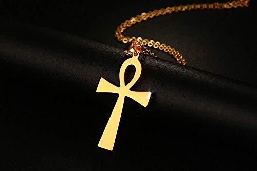 YABINI - Collar con colgante de cruz egipcia de acero inoxidable para hombres y mujeres, cadena gratis, chapado en oro.