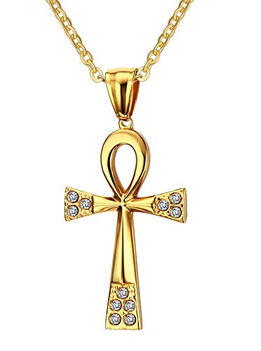 YABINI - Collar con colgante de cruz egipcia de acero inoxidable para hombres y mujeres, cadena gratis, chapado en oro.