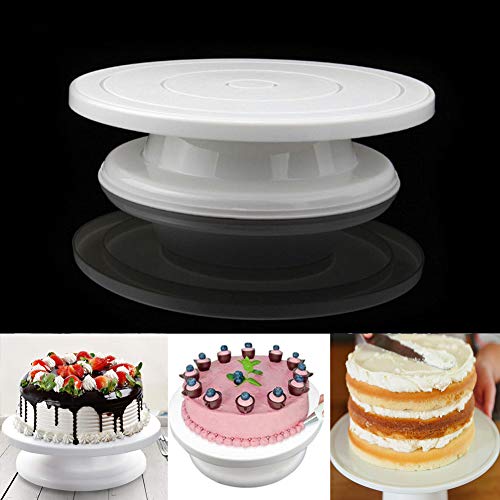 YCbingo - Tocadiscos giratorios de 11 pulgadas con 2 espátulas para glaseado y glaseado, soporte giratorio para tartas, color blanco para decoración de pasteles (6 unidades)