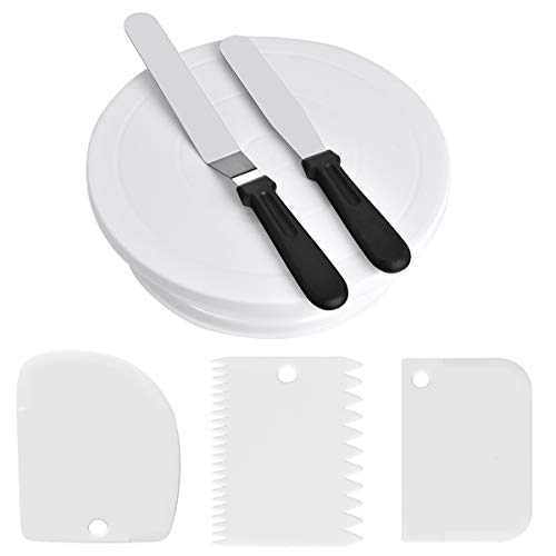 YCbingo - Tocadiscos giratorios de 11 pulgadas con 2 espátulas para glaseado y glaseado, soporte giratorio para tartas, color blanco para decoración de pasteles (6 unidades)