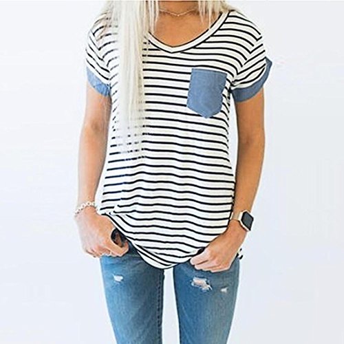 Yeamile Camiseta de Mujer Tops Negro Blusa de Verano Ocasionales Moda Tops de Manga Corta a Rayas Blusa Suelto Ropa de Dormir Camiseta (Blanco, S)