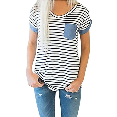 Yeamile Camiseta de Mujer Tops Negro Blusa de Verano Ocasionales Moda Tops de Manga Corta a Rayas Blusa Suelto Ropa de Dormir Camiseta (Blanco, S)