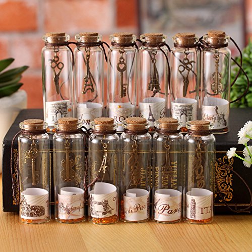 YFZYT - Botellas de deseos vintage con corcho, pequeña botella de cristal de corcho con colgante de metal, botella de goteo, botella con mensaje para decoración de regalo, vidrio, 12 Pcs, 12 unidades