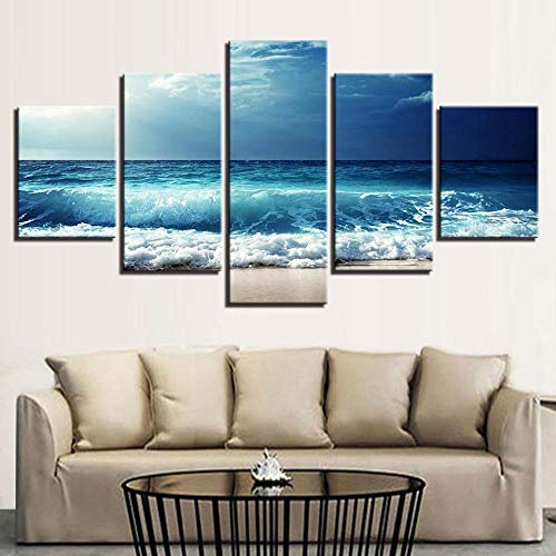YJJPP Lienzo HD Imprime póster Arte de Pared de Sala de Estar 5 Piezas Olas Azules Antes de la tormenta Pinturas de Paisaje Marino imágenes modulares decoración del hogar