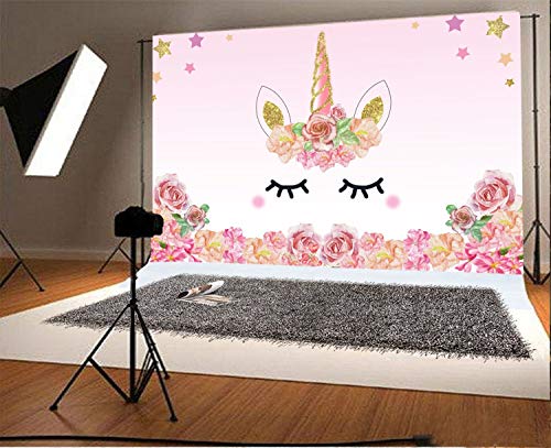 YongFoto 1,5x1m Fondo de Fotografia Unicornio Rosa Rosas Fiesta Borde Las Flores Patrón Lindo Estrella Oro Telón de Fondo Cumpleaños Fiesta Baby Shower Niños Bebé Chicas Bandera Estudio fotográfico