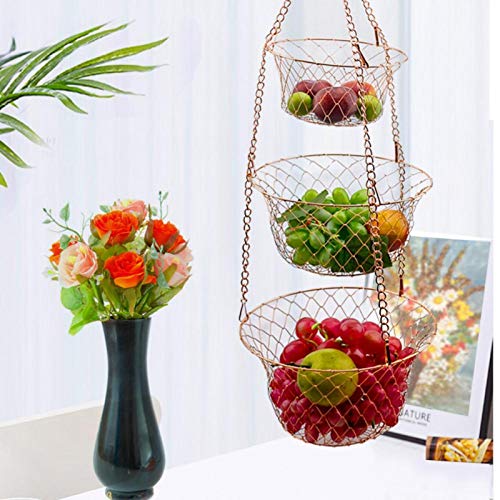 YYZZ Fruit basket,3 Tier Kitchen Hanging Fruit Basket Wire Hanging Folding Basket Hook Design Save Space For Kitchen Halls Rooms StorageStorage Baskets