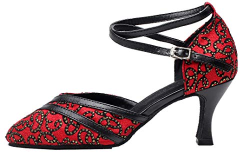 Zapato de baile latino para mujer 7017 con puntera redonda y correa al tobillo, color Rojo, talla 41 EU