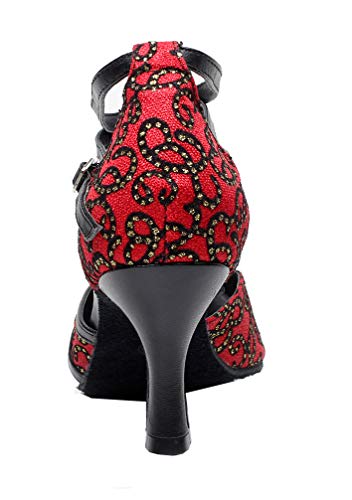 Zapato de baile latino para mujer 7017 con puntera redonda y correa al tobillo, color Rojo, talla 41 EU