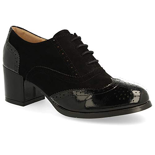 Zapato de Tacon Cuadrado con Cordones Redondos y Patron Calado Tipo Oxford. Altura del Tacon: 6 cm. Talla 39 Negro