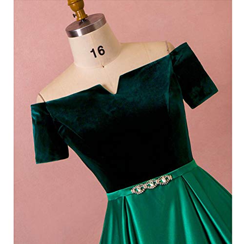 ZCRFYY Una línea Formal Elegante Vestido de Noche del Hombro de Manga Corta de Longitud de satén de Terciopelo con Cristales 2020,Verde,eu48