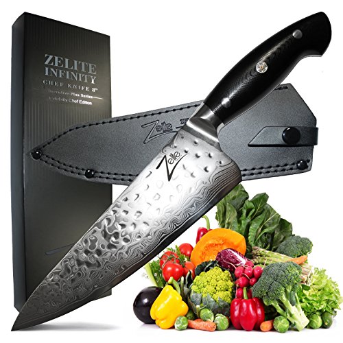 Zelite Infinity Cuchillos Cocina Chef 20cm – Serie ExecutivePlus Edición Celebrity – Cuchillos Co-cina Profesional Acero Japonés Damasco 45 Capas – Cuchillos Japoneses Acabado Martilla-do, Funda Cuero