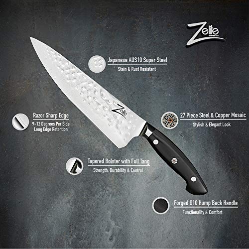 Zelite Infinity Cuchillos Cocina Chef 20cm – Serie ExecutivePlus Edición Celebrity – Cuchillos Co-cina Profesional Acero Japonés Damasco 45 Capas – Cuchillos Japoneses Acabado Martilla-do, Funda Cuero