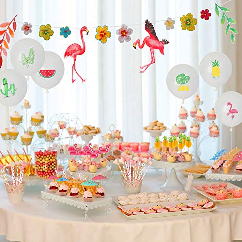 ZERHOK 115pcs Decoración de Fiesta Tropical Hawaiana Decoración de Fiesta de ALOHA con Pancarta de Flamenco Pajitas de Papel Piña Toppers de Pastel Hojas de Palma para Playa Verano Hawai
