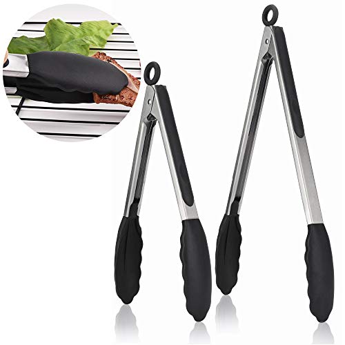 Ziyero Multiuso Pnzas de Parrilla Cocina Silicona Profesionales Pinzas de Ensalada, Borde de Diente con Gel de Sílice, para Familias, Restaurantes, Buffets, Campamentos, Barbacoas Etc—2 Piezas(Negro)
