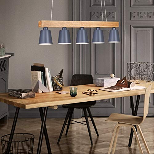 ZMH Lámpara Colgante Comedor Iluminación Interior Araña de Techo de Metal y Madera Altura Ajustable y Diseño, con 5 bombillas (incluidas) Blanco Cálido para Comedor/Salón/Cafetería