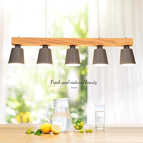 ZMH Lámpara Colgante Comedor Iluminación Interior Araña de Techo de Metal y Madera Altura Ajustable y Diseño, con 5 bombillas (incluidas) Blanco Cálido para Comedor/Salón/Cafetería