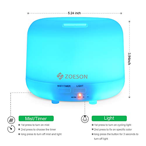 ZOESON Humidificador Ultrasónico, Difusores Humidificadores Aromas de 300ml, Difusor de Aceites Esenciales con Control Remoto, 7 Color LED, 3 Temporizador Hogar, Humificador Oficina
