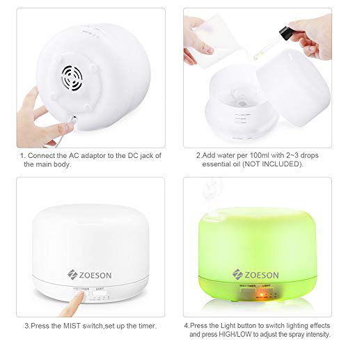 ZOESON Humidificador Ultrasónico, Difusores Humidificadores Aromas de 300ml, Difusor de Aceites Esenciales con Control Remoto, 7 Color LED, 3 Temporizador Hogar, Humificador Oficina