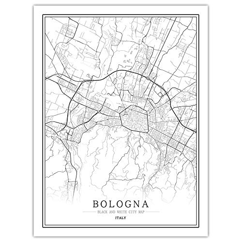 ZWXDMY Impresión De Lienzo,Italia Bolonia Mapa De La Ciudad Arte Moderno En Blanco Y Negro Pintura Minimalista Cartel Simple Mural Café Sala De Estar Decoración Vertical, 70 × 100 Cm