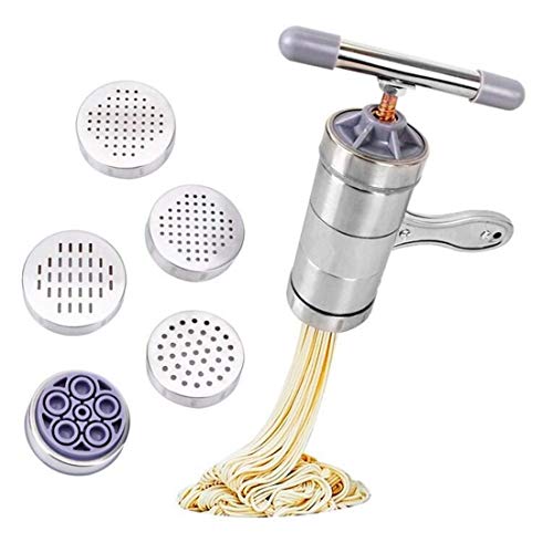 1 Paquete de máquina de Pasta y Fideos de Acero Inoxidable con 5 moldes Manual Fettuccine Spaghetti Máquina de prensado de Fideos de arroz Exprimidor de Frutas y Verduras Prensa Herramienta