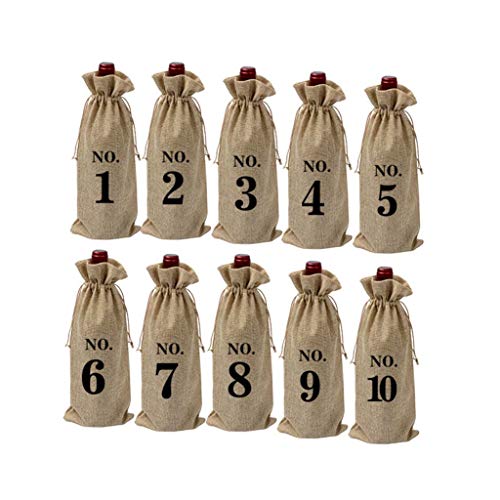 10 Piezas De Arpillera Con Cordón Botella De Vino Bolsa De Regalo Con Números, Reutilizable Vino Cubiertas De Botella Para El Vino Partido De La Degustación Del Banquete De Boda De Vacaciones (Brown)