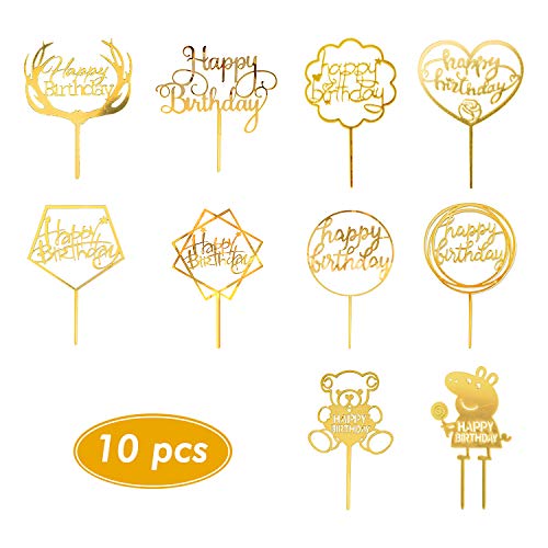 10 Piezas Topper de Pastel de Cumpleaños, Letrero de Happy Birthday para Decoración para Tarta, Color Dorado