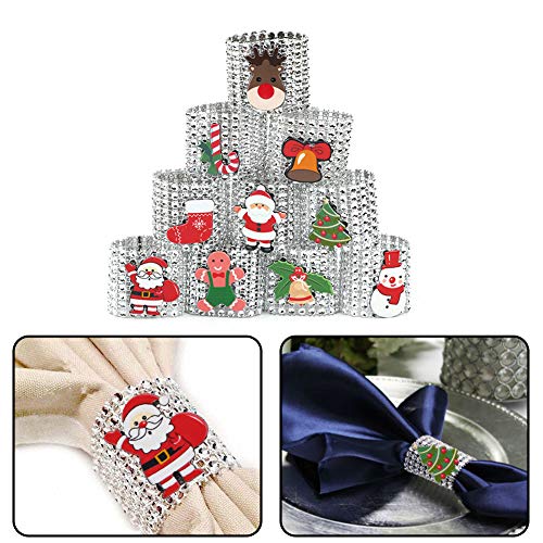 10 servilleteros brillantes de diamantes de imitación,soportes de hebillas de servilleta para Navidad,fiestas,cenas,bodas,decoraciones de mesa (plata),servilleteros de Santa Bling (10 estilos)