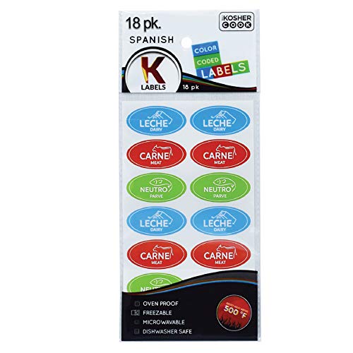 18 étiquettes casher espagnoles variées - 6 produits laitiers bleus, 6 viandes rouges, 6 autocollants verts Parve - résistants au four jusqu'à 500 °, congelables, micro-ondables par The Kosher Cook