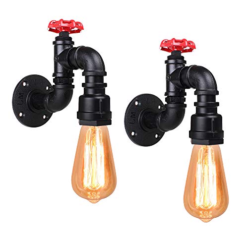2 Piezas Tubería de Agua Aplique Vintage Creativo Lámpara de Pared Industrial Aplique con Decoración de la válvula del grifo E27 Iluminación Decoración para Bar Club Hotel Pasillo Baño Balcón (Negro)