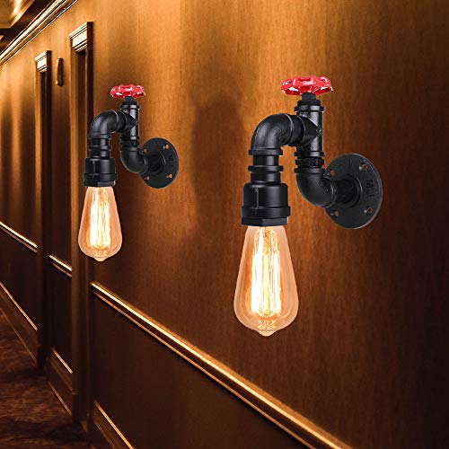 2 Piezas Tubería de Agua Aplique Vintage Creativo Lámpara de Pared Industrial Aplique con Decoración de la válvula del grifo E27 Iluminación Decoración para Bar Club Hotel Pasillo Baño Balcón (Negro)