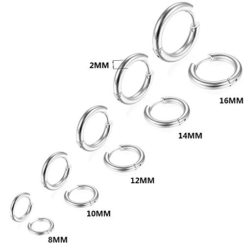 5 Pares Acero Inoxidable Pendientes pour Hombre Mujer Niña Chico Pendientes Aros Plata, Pendientes Hombre Aro, Pendientes Mujer Plata, Bisuteria Pendientes Plata Hombre Mujer Aros de Plata 8MM-16MM